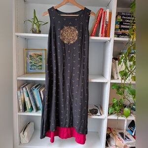 Rangmanch Women's Midi Dress Cotton Linen Blend Black Gold Pink Size Small Boho